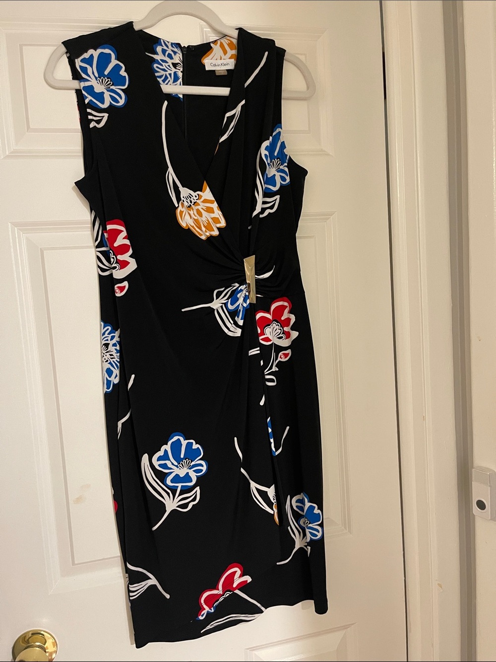 Calvin Klein Black Floral Faux-Wrap Dress with Blue & Red Flowers
